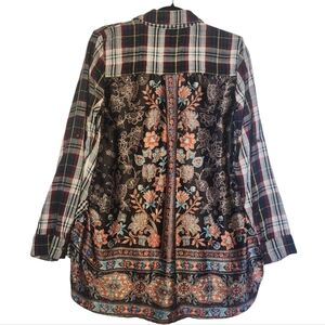 Aratta Silent Journey Mixed Media Flannel and Floral Satin Top